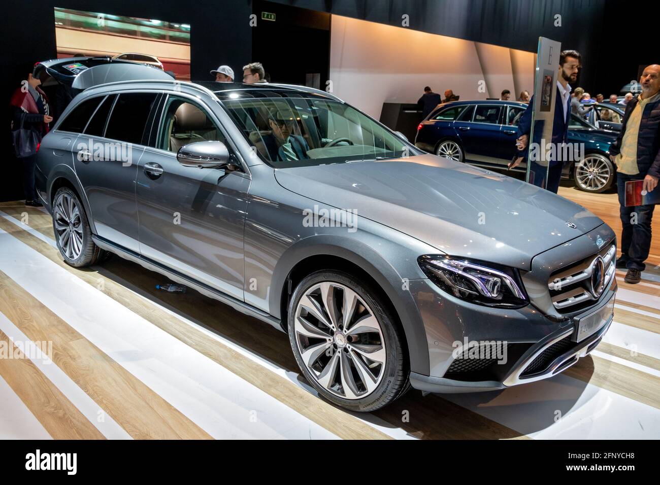 Mercedes Benz E220d station wagon car showcased at the Brussels Expo Autosalon motor show. Belgium - January 19, 2017 Stock Photo