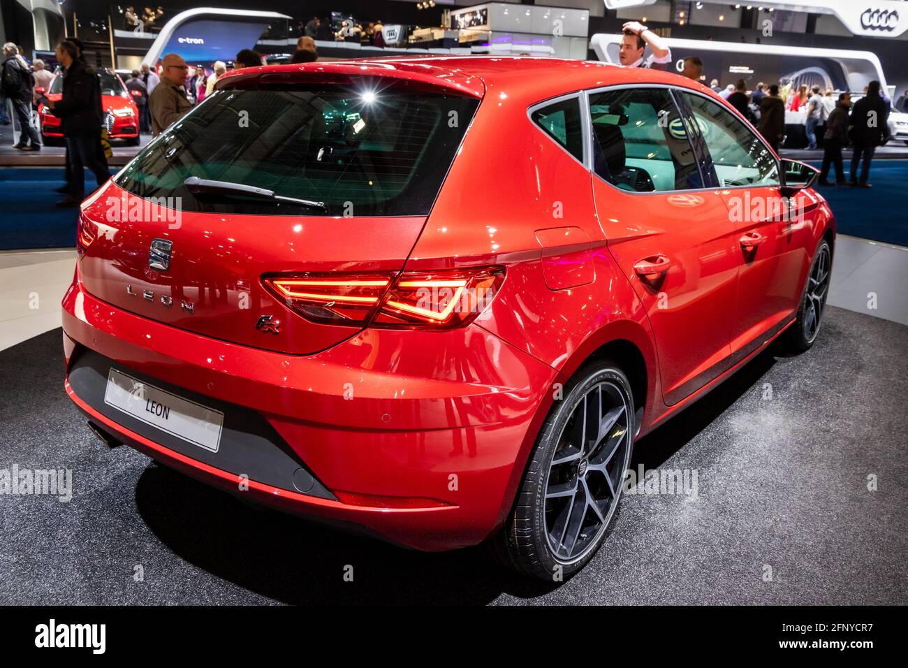 Seat Leon car showcased at the Brussels Expo Autosalon motor show. Belgium - January 19, 2017 Stock Photo