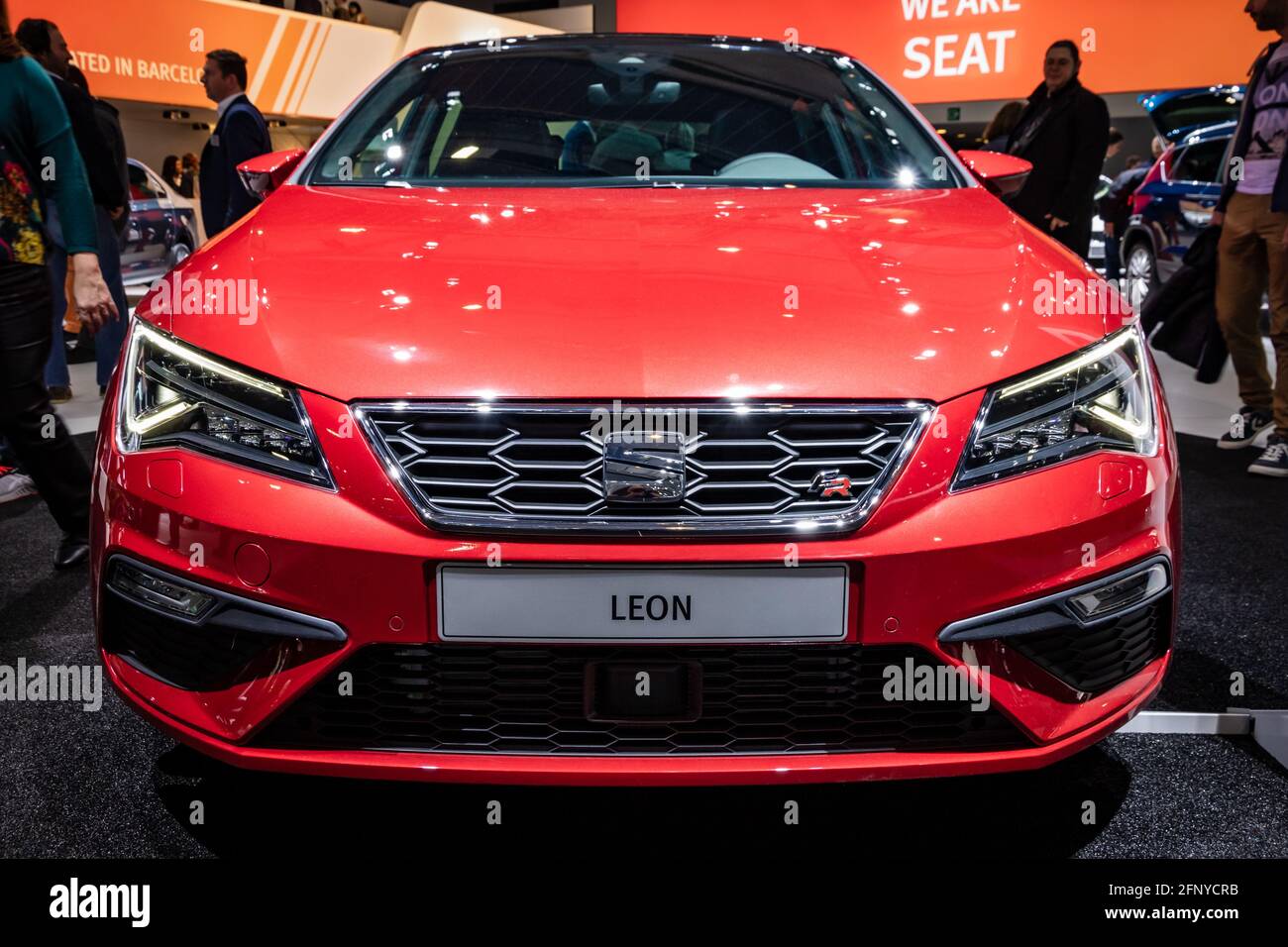 Seat Leon car showcased at the Brussels Expo Autosalon motor show. Belgium - January 19, 2017 Stock Photo
