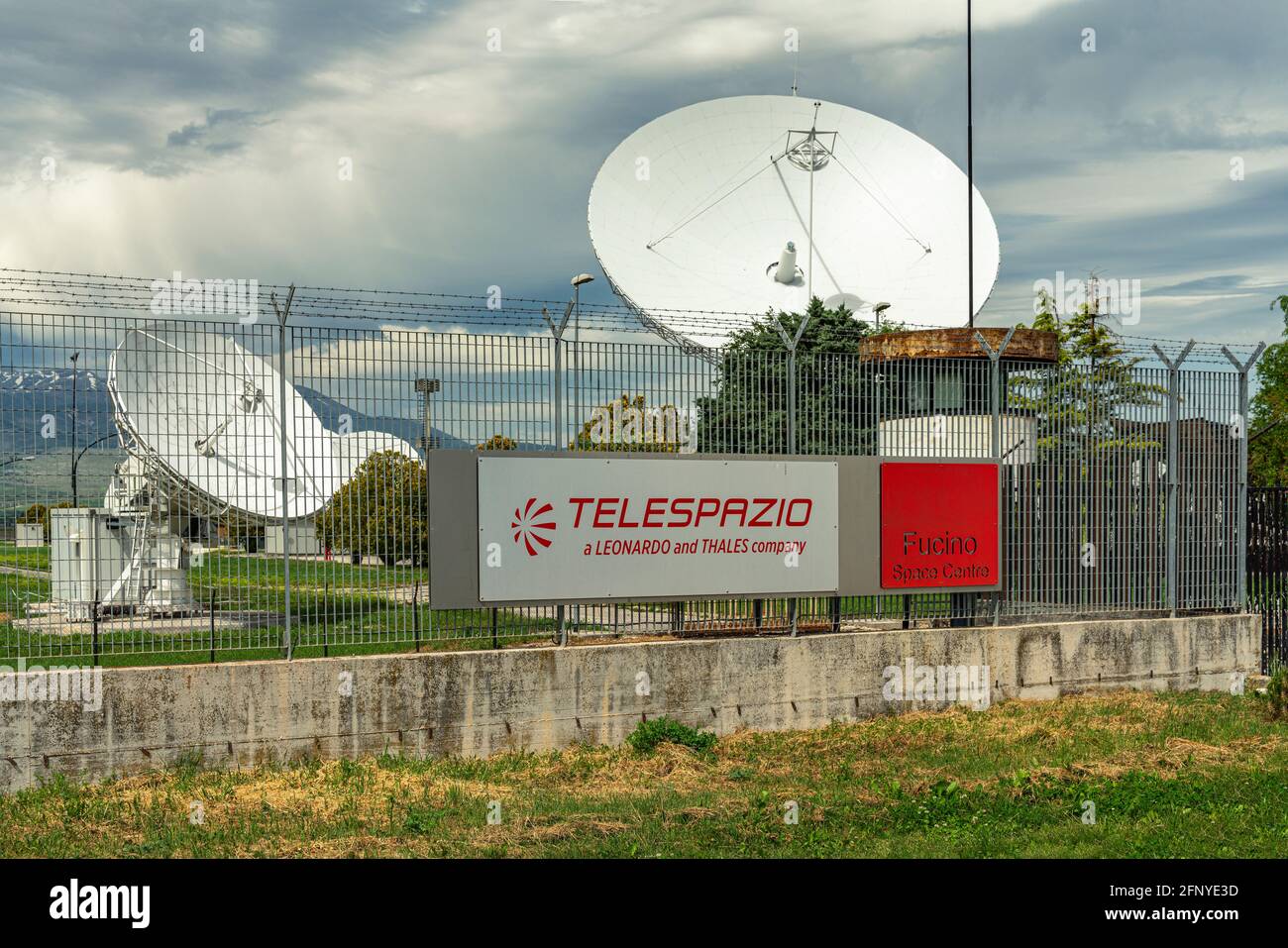 Telespazio space center in Fucino. Satellite dish for the in-orbit satellites and telecommunications services. Abruzzo, Italy, Europe Stock Photo