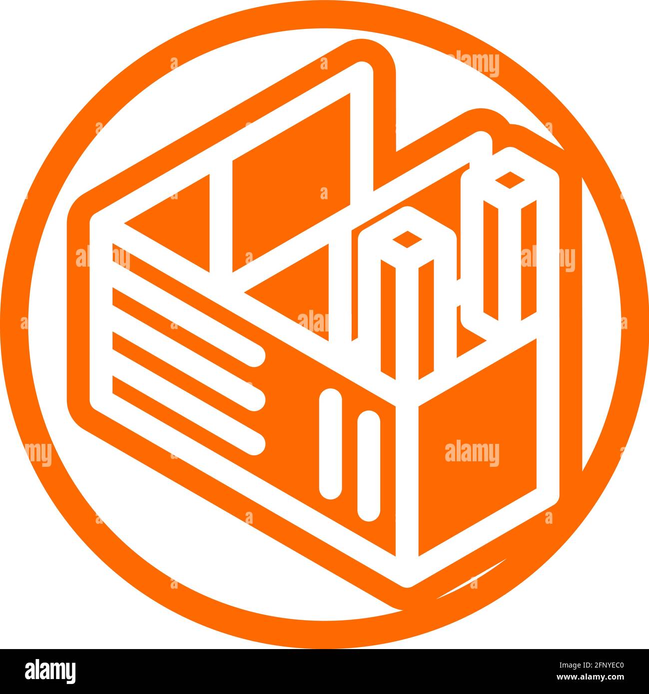 Factory icon in isometric flat design with orange color and outline on ...