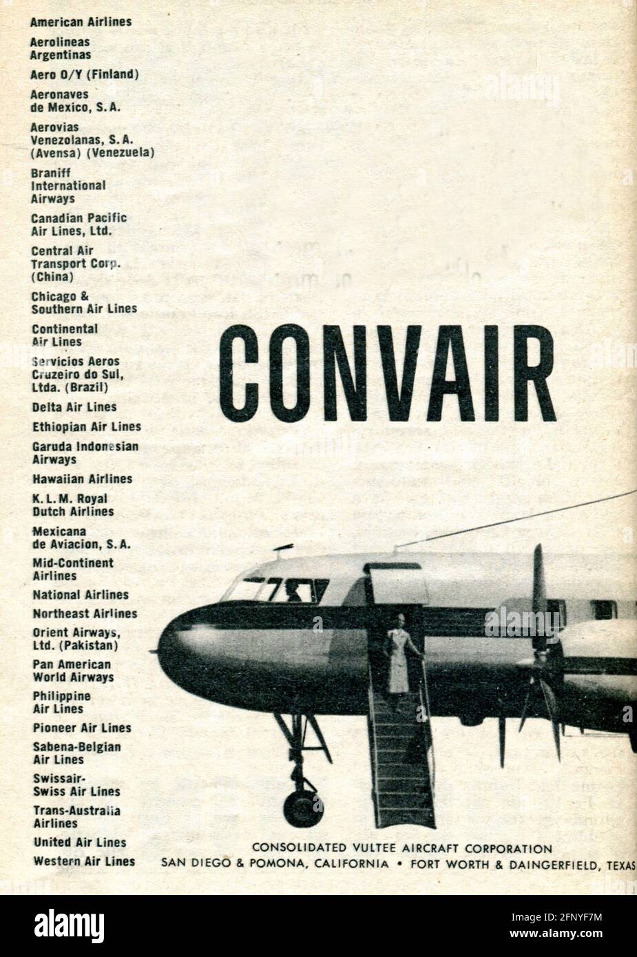 Convair Liner. Vintage old print advertisement from Reader's Digest magazine, Italian edition 1952 Stock Photo