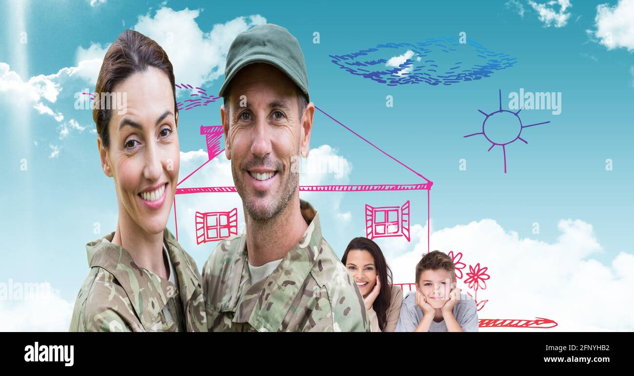 Composition of smiling soldier couple embracing with their children and home in background Stock Photo