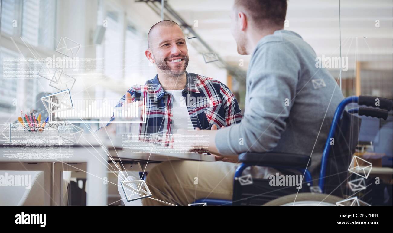 Composition of data processing over two businessmen talking in office Stock Photo