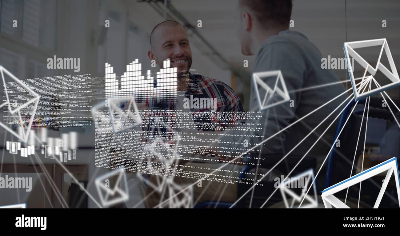 Composition of data processing, network of email icons over two businessmen talking in office Stock Photo