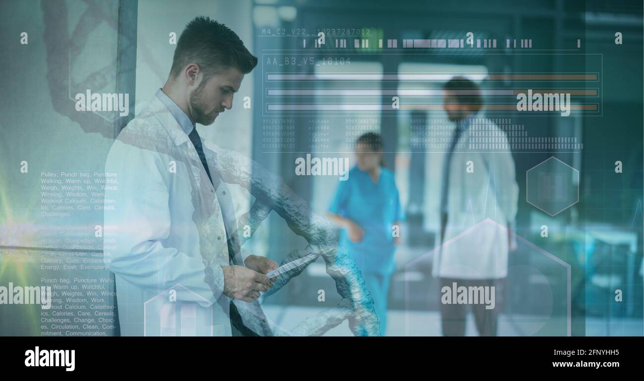 Composition of dna and medical data processing over smiling male doctor ...