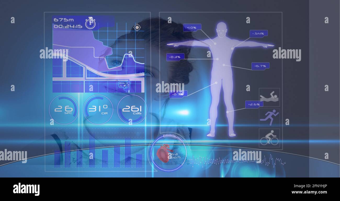 Digital interface with medical data processing against woman in background Stock Photo