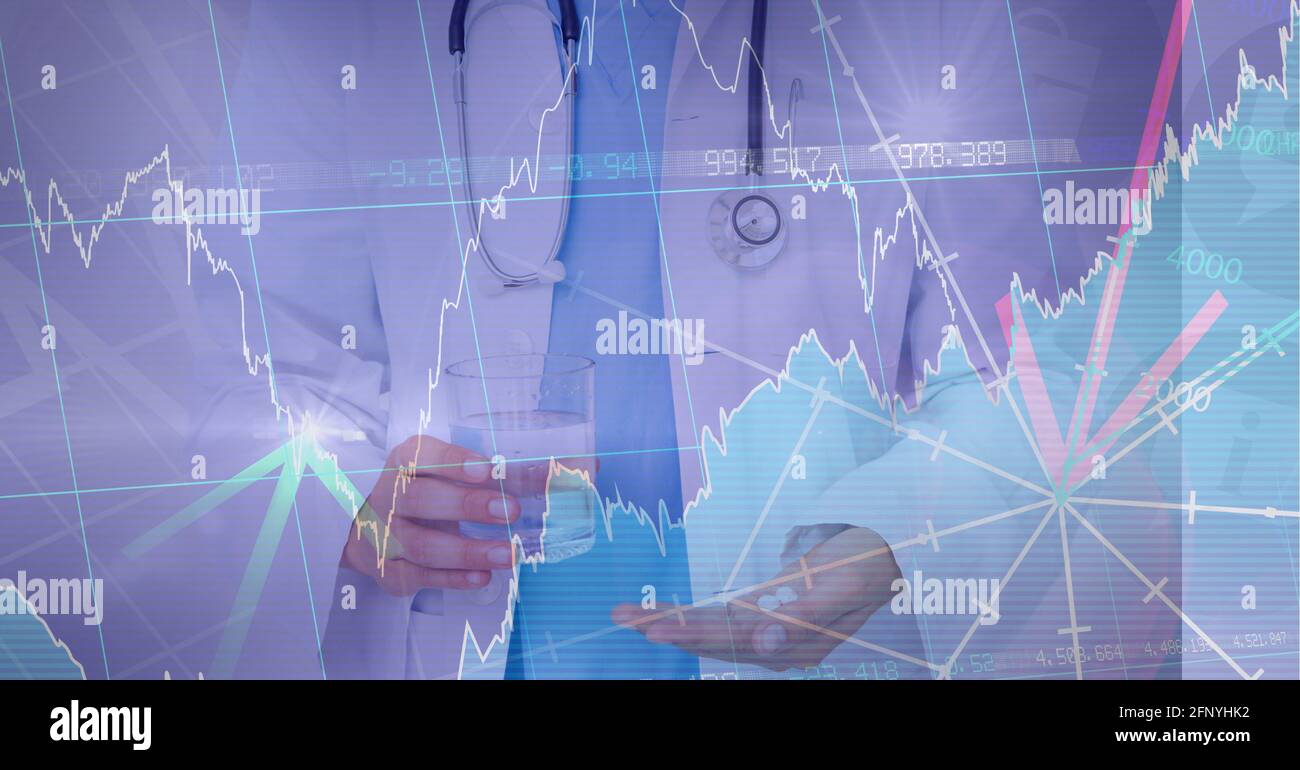 Financial data over doctor holding glass of water and pills, economy and medicine concepts Stock Photo