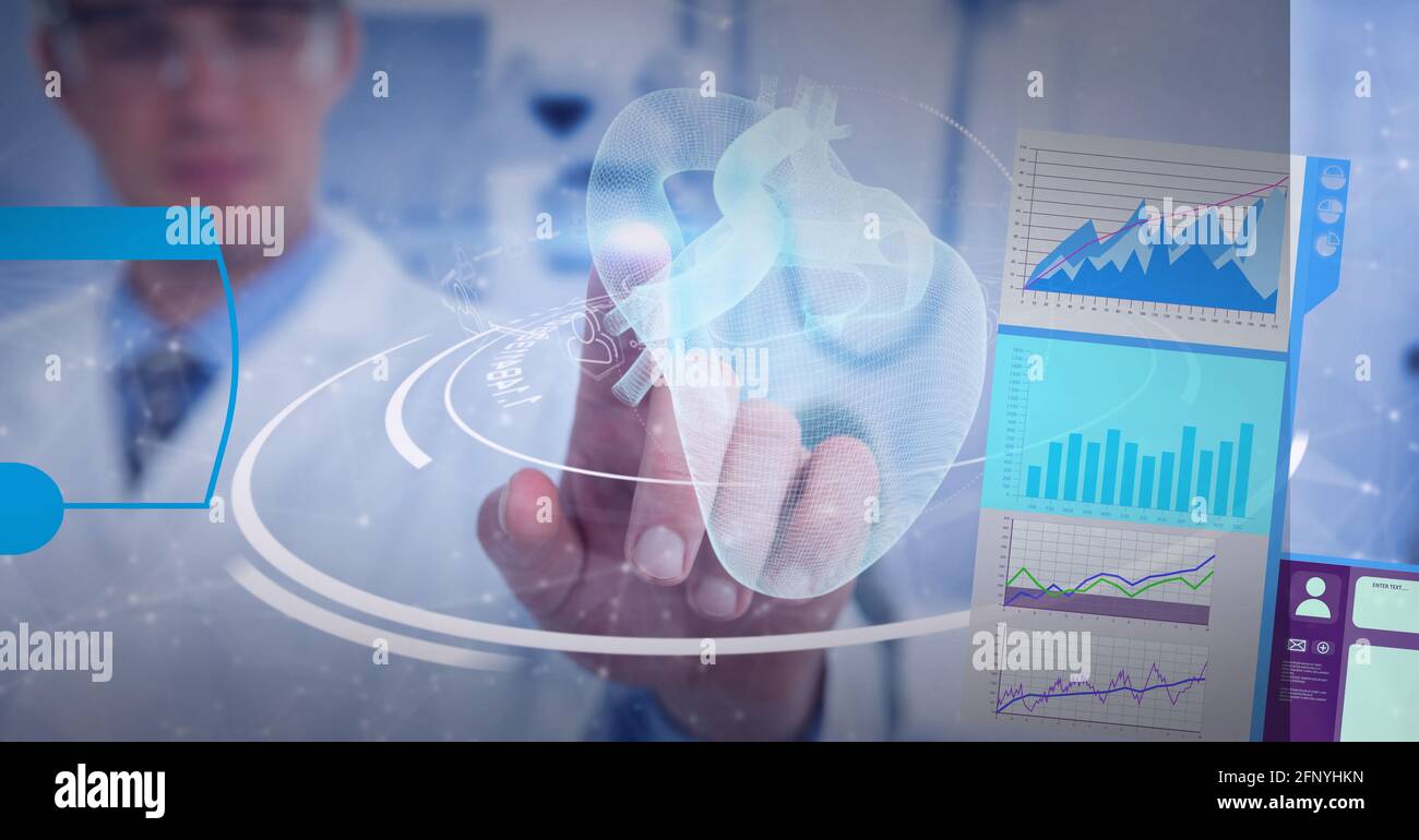 Medical data processing against male doctor wearing protective glasses ...