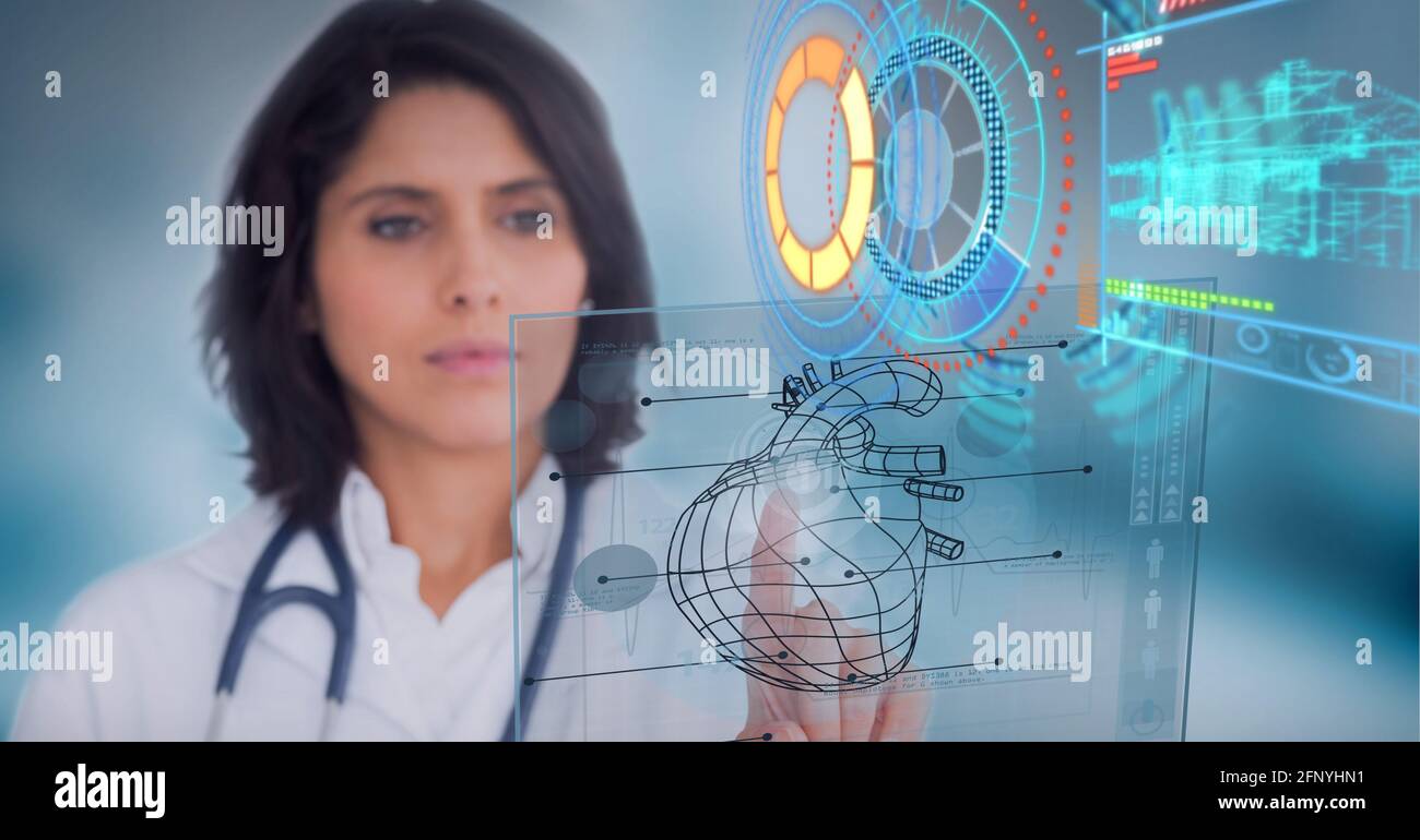 Digital interface with medical data processing against female doctor touching invisible screen Stock Photo