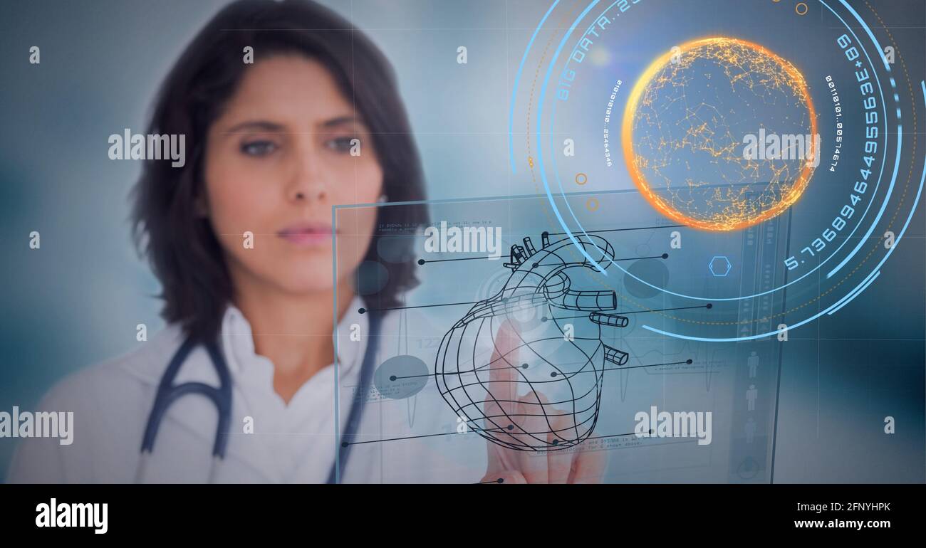 Digital interface with medical data processing against female doctor touching invisible screen Stock Photo