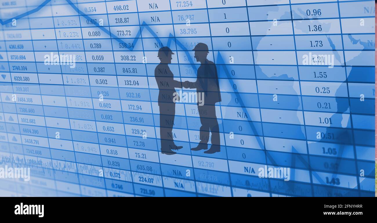 Silhouette of two male architects shaking hands against statistical data processing over world map Stock Photo