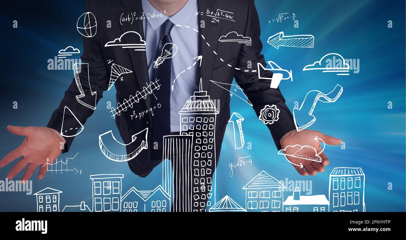 Multiple office concept icons over mid section of businessman with arms open against blue background Stock Photo