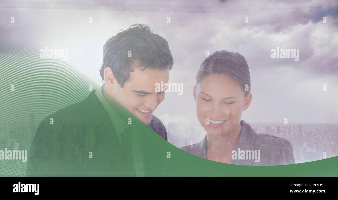 Composition of smiling businessman and businesswoman talking over clouded sky with green border Stock Photo