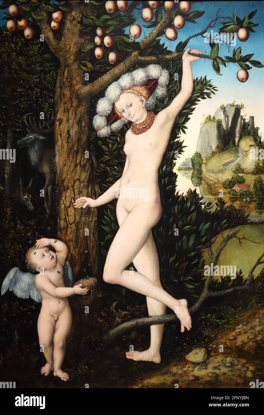 Cupid complaining to Venus by German Renaissance painter Lucas Cranach the Elder at the National Gallery, London, UK Stock Photo