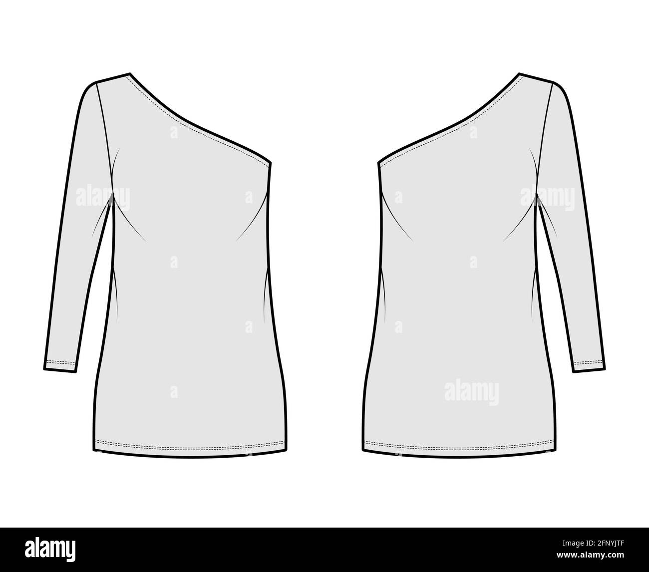 Dress one shoulder technical fashion illustration with long sleeve, oversized body, mini length pencil skirt. Flat apparel front, back, grey color style. Women, men unisex CAD mockup Stock Vector