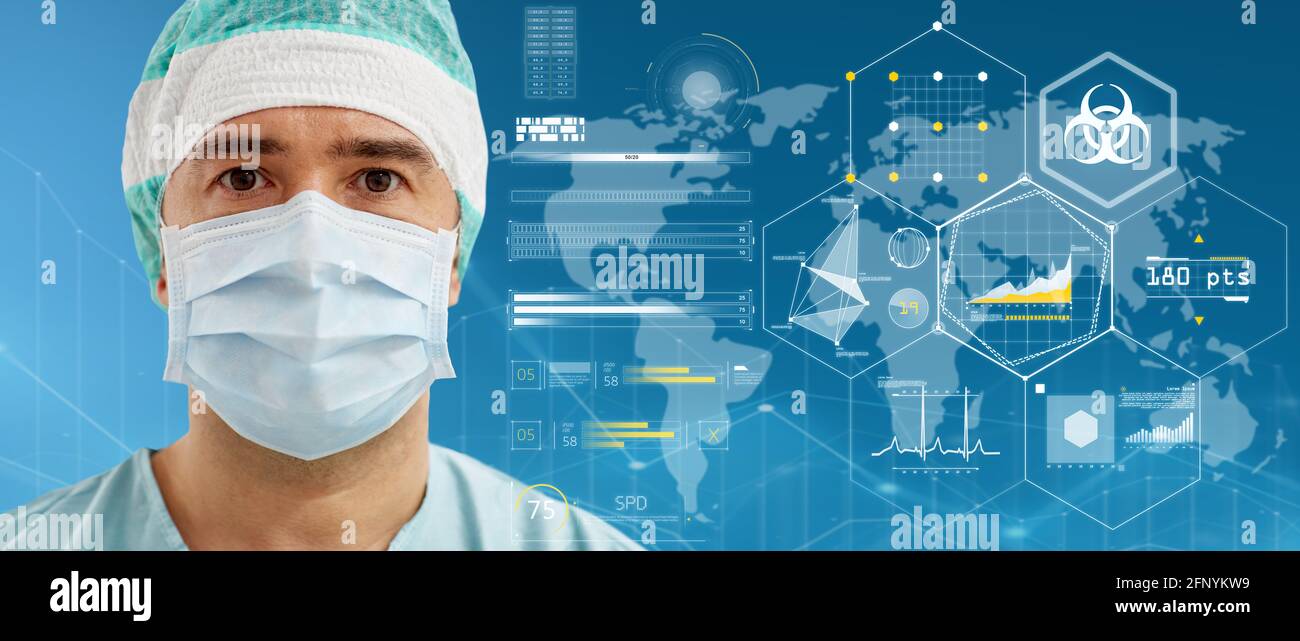 surgeon in mask with worldwide biohazard caution Stock Photo - Alamy