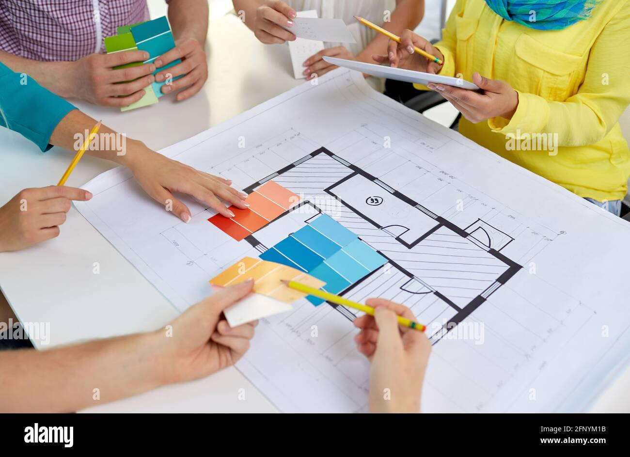 close up of architects team working with blueprint Stock Photo