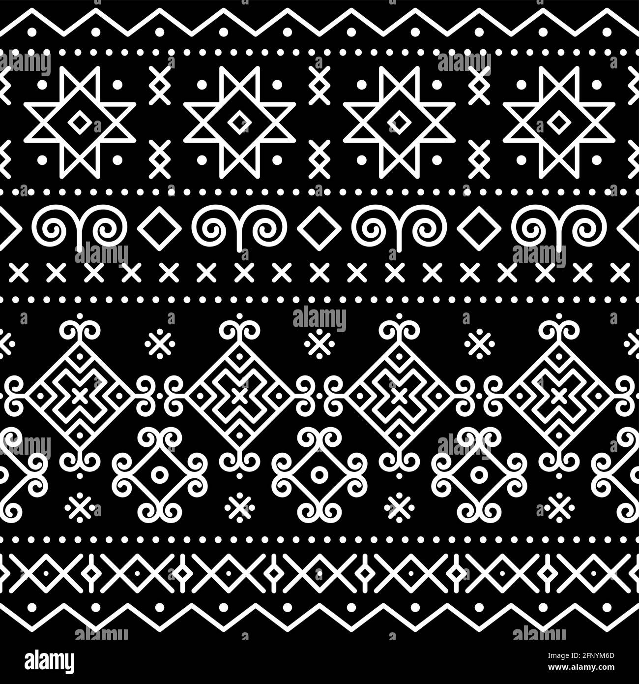 Traditional folk art vector seamless pattern inspired by an old painted houses in Cicmany, Slovakia, retro design with tribal geometric shapes Stock Vector