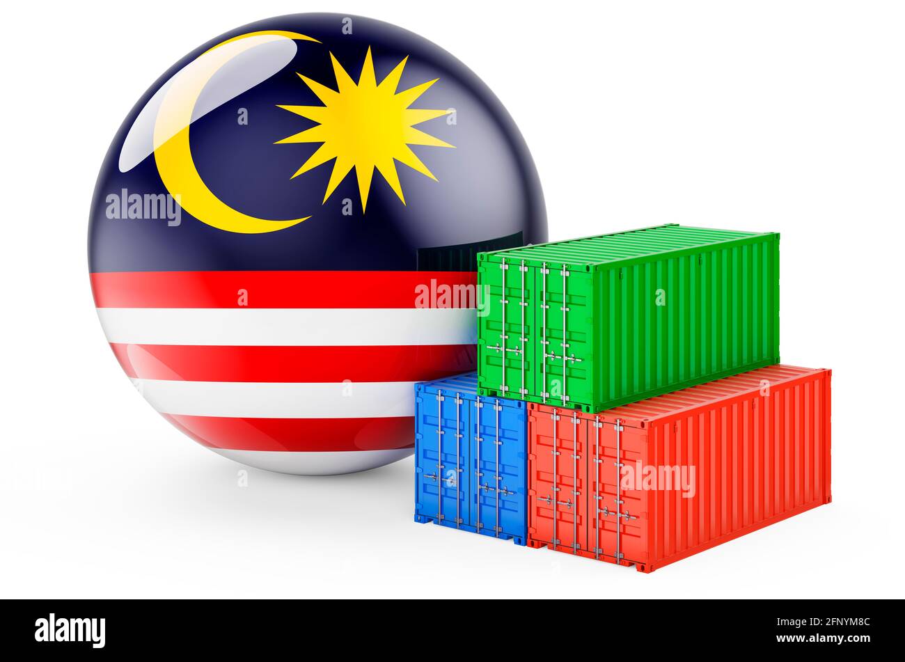 Cargo containers with Malaysian flag. Freight shipping in Malaysia, 3D