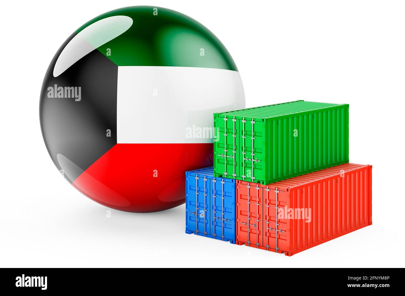 Cargo containers with Kuwaiti flag. Freight shipping in Kuwait, 3D