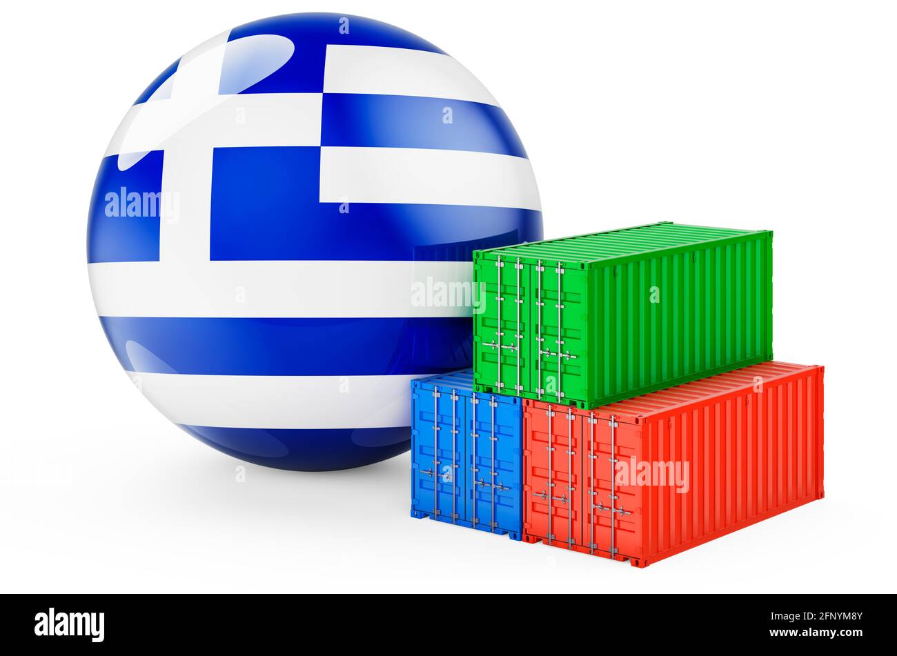 Cargo containers with Greek flag. Freight shipping in Greece, 3D rendering isolated on white background Stock Photo