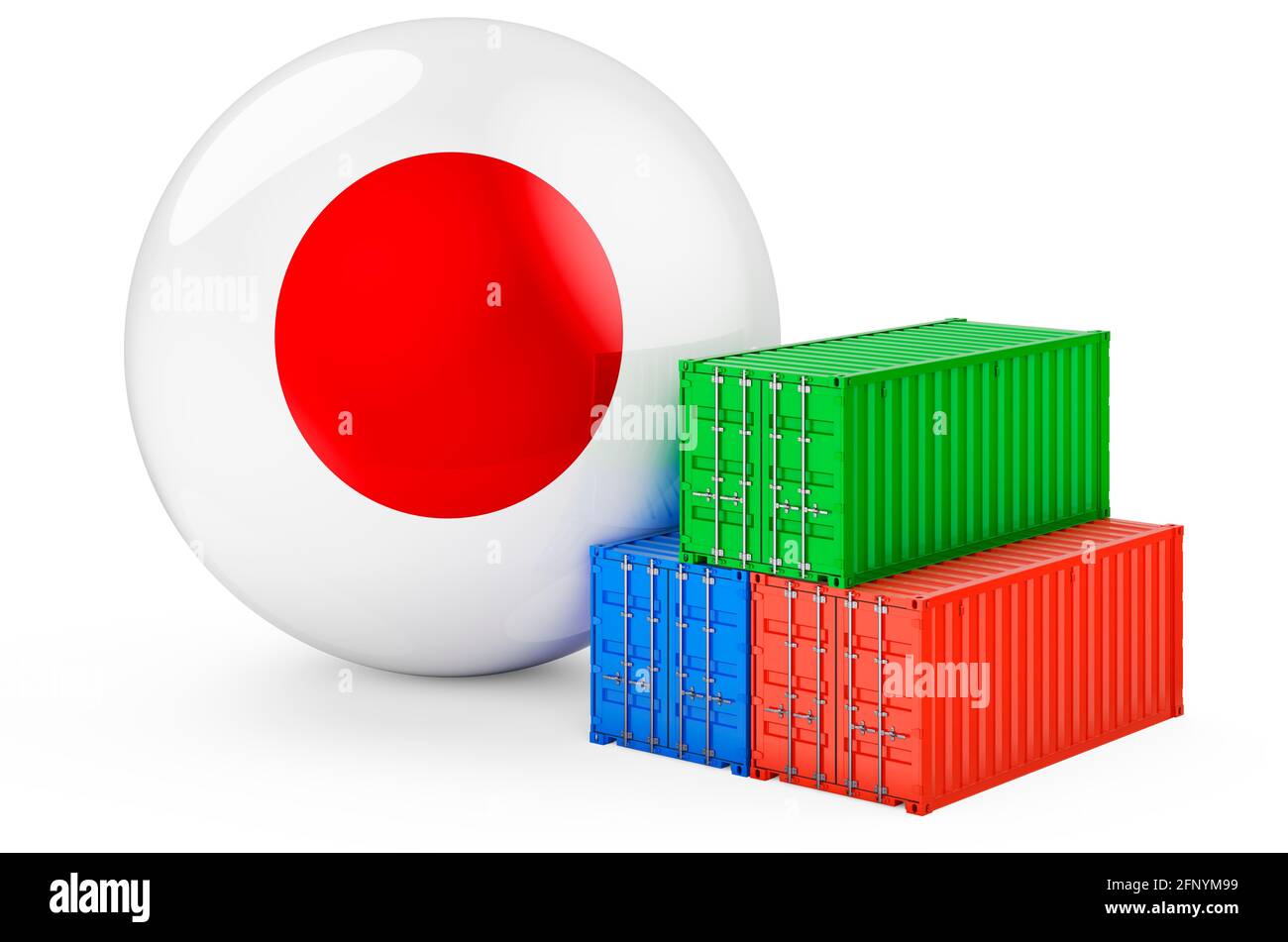Cargo containers with Japanese flag. Freight shipping in Japan, 3D rendering isolated on white