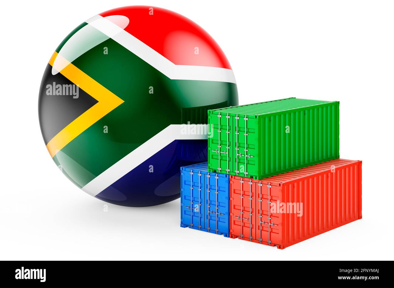Cargo containers with South African flag. Freight shipping in South