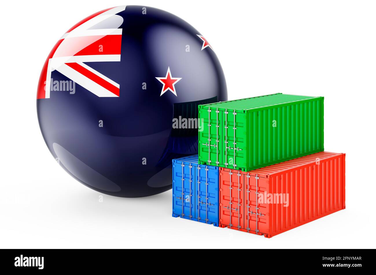 Cargo containers with New Zealand flag. Freight shipping in New Zealand, 3D rendering isolated