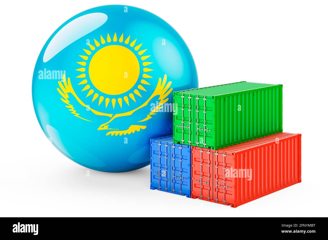 Cargo containers with Kazakh flag. Freight shipping in Kazakhstan, 3D