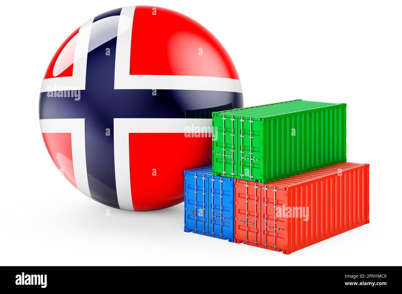 Cargo containers with Norwegian flag. Freight shipping in Norway, 3D rendering isolated on white background Stock Photo