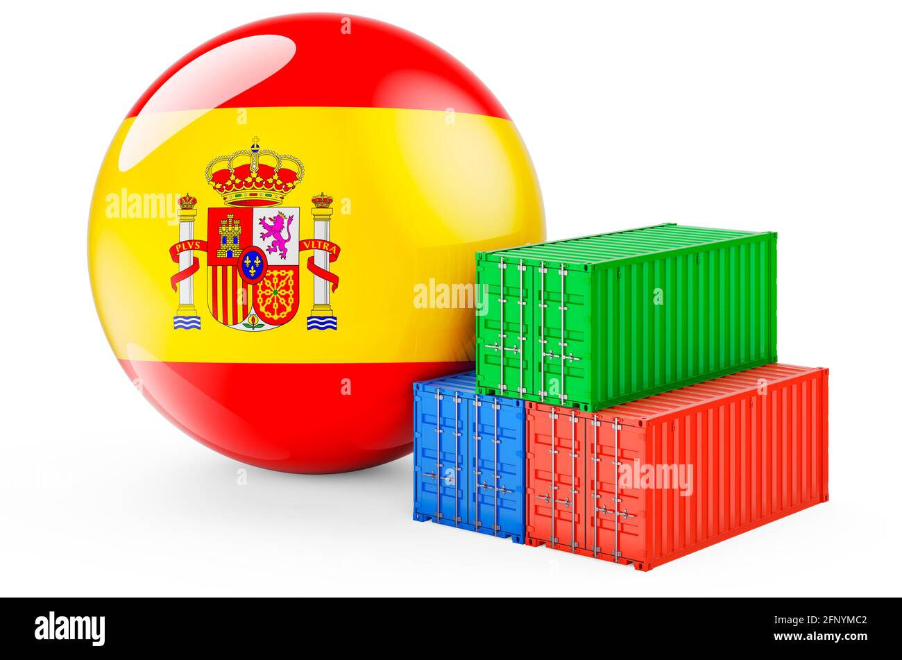 Cargo containers with Spanish flag. Freight shipping in Spain, 3D