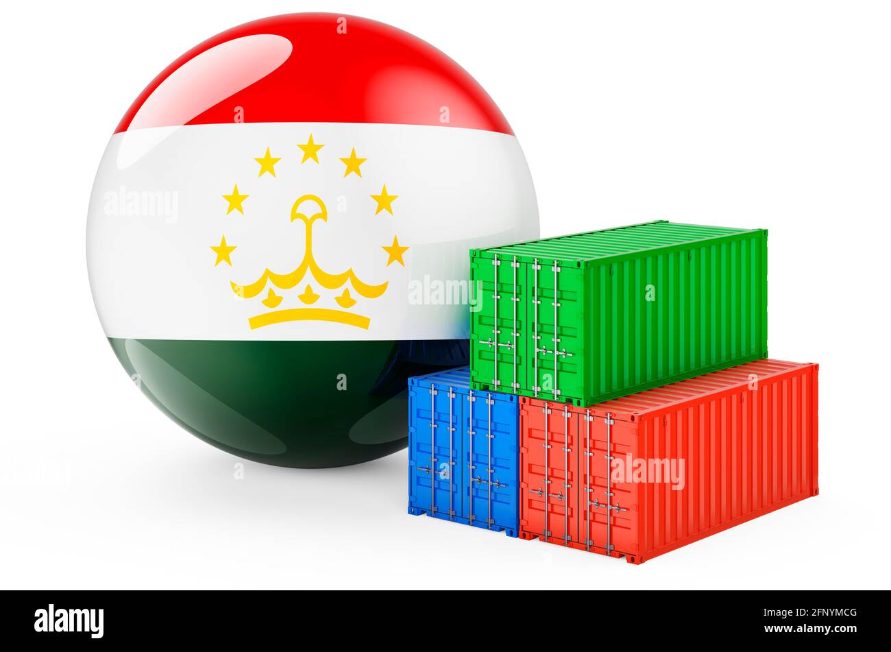 Cargo containers with Tajik flag. Freight shipping in Tajikistan, 3D