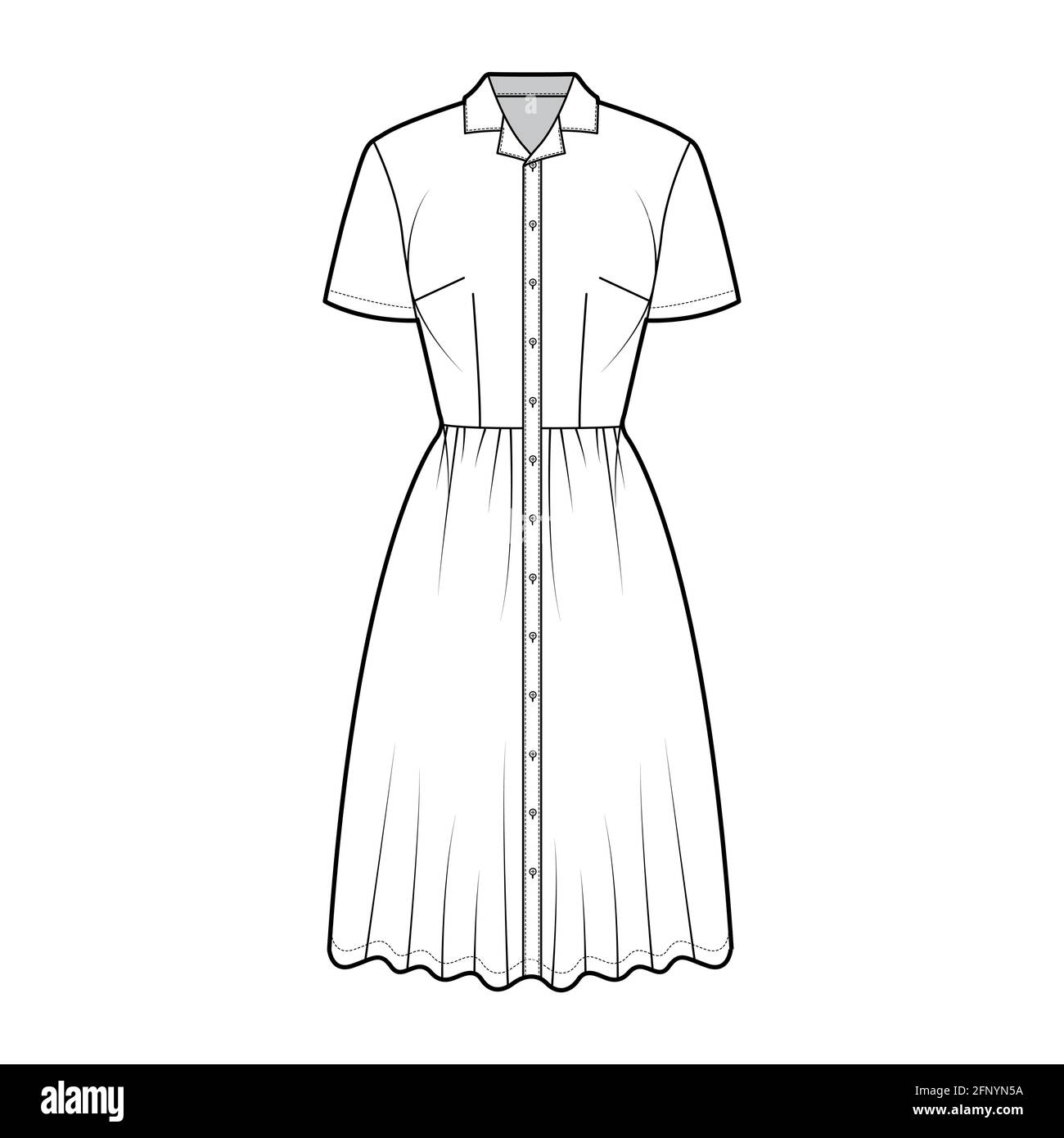 Dress shirt technical fashion illustration with short sleeves, camp collar, fitted body, knee length full skirt, button closure. Flat apparel front, white color style. Women, men unisex CAD mockup Stock Vector