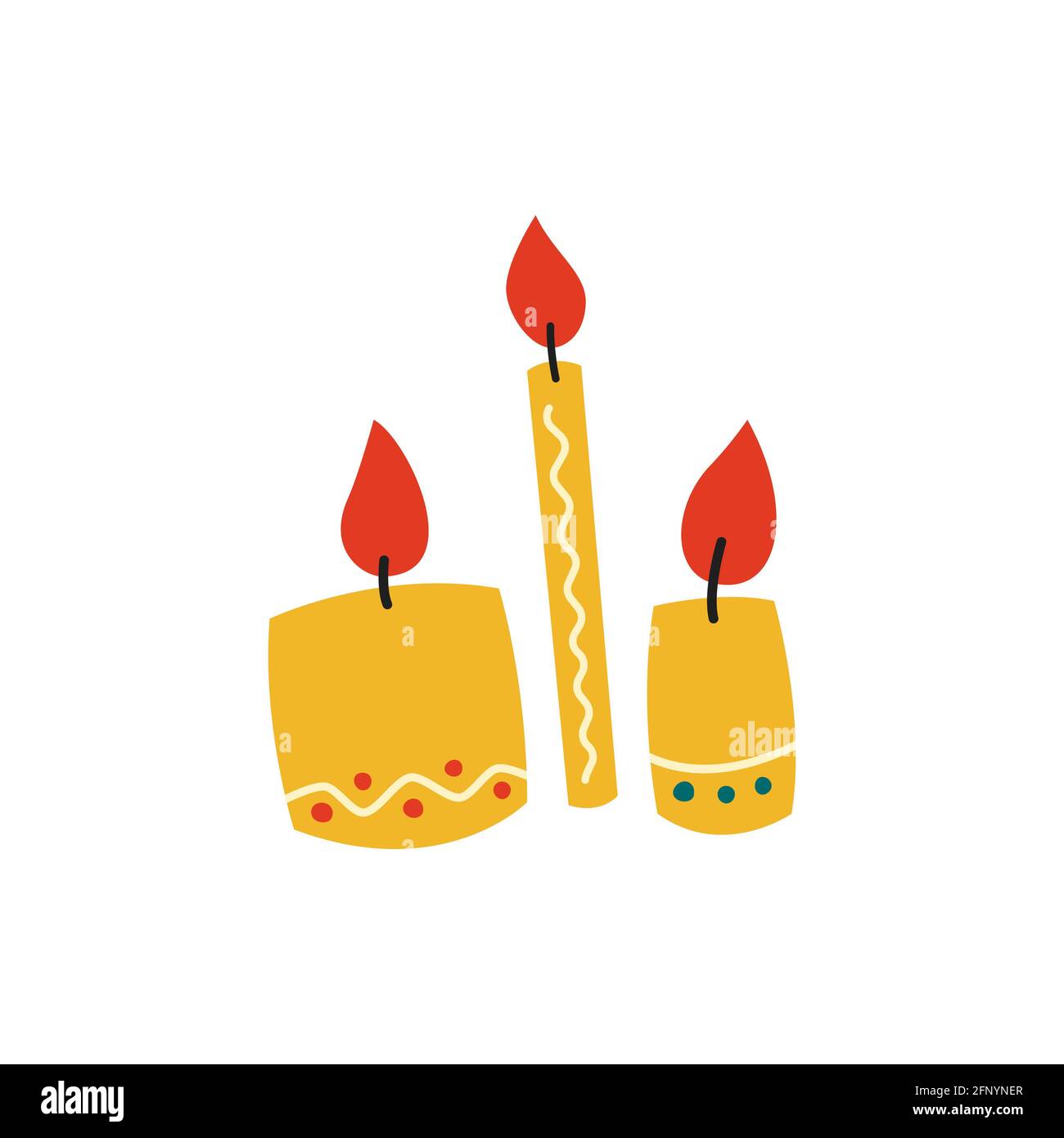 Cartoon of a candle on a white background. Set of yellow candles with