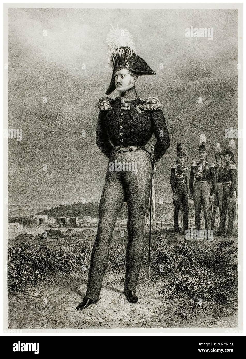 Nicholas I (1796-1855), Emperor of Russia 1825-1855, at Camp Vosnessensk, October 6th 1837, portrait engraving by Denis Auguste Marie Raffet, 1842-1845 Stock Photo