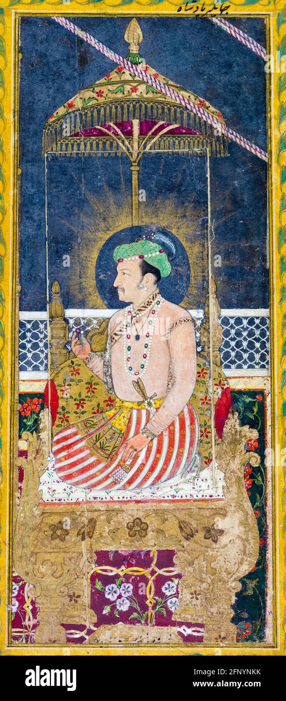 Emperor Jahangir (1569-1627), 4th Mughal Emperor, posthumous portrait  painting by Mughal School, circa 1650 Stock Photo