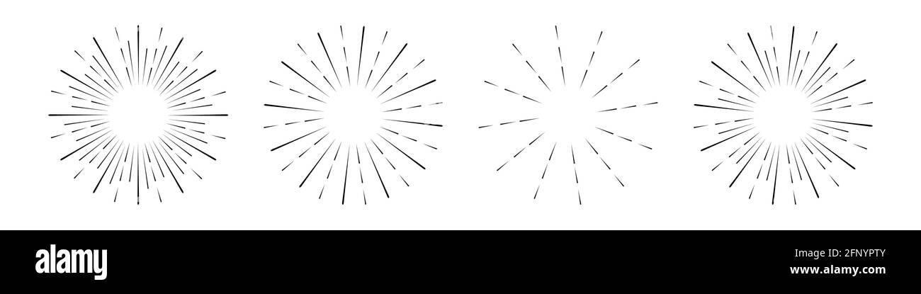 set of linear drawing sun rays in vintage style isolated on white ...