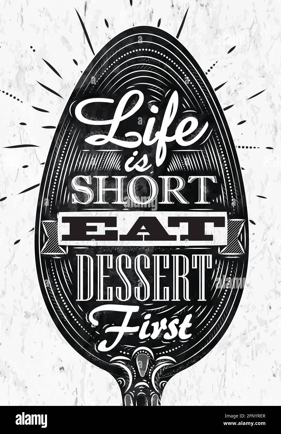 Poster spoon restaurant in retro vintage style lettering life is short eat dessert first in black and white graphics Stock Vector