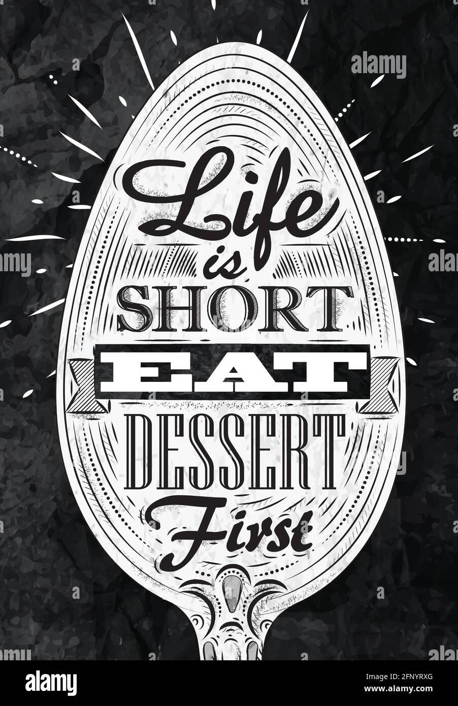 Poster spoon restaurant in retro vintage style lettering life is short eat dessert first stylized drawing with chalk Stock Vector