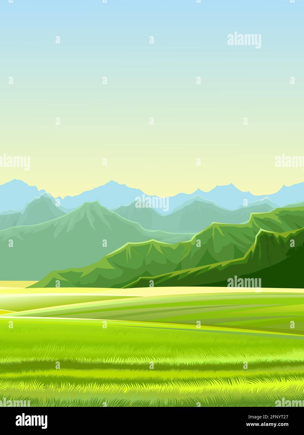 Rural landscape. Hills and meadows. Pastures and farmland. Beautiful nature view. The horizon is distant. Country farm land plot. Illustration. Vector Stock Vector