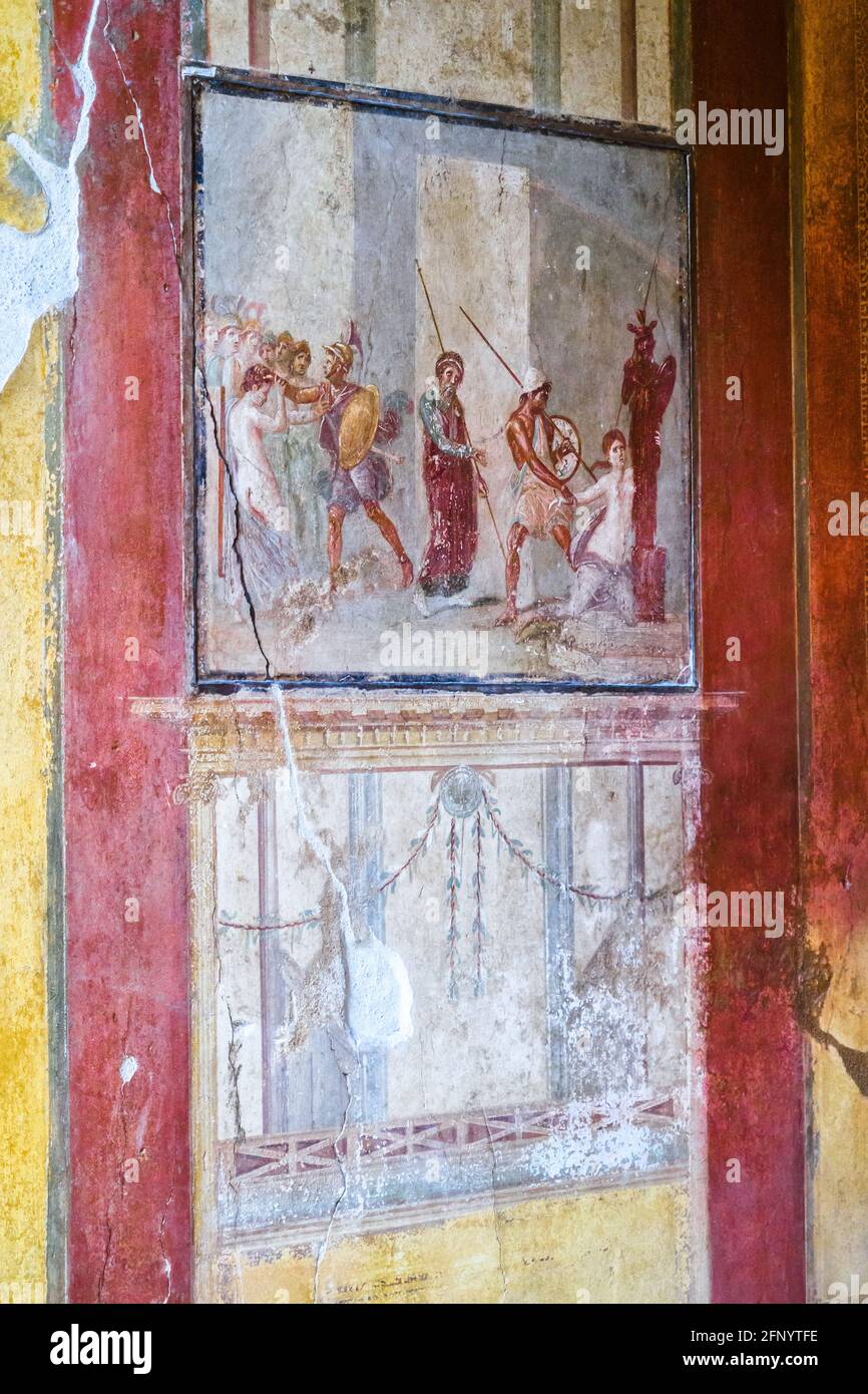 Fresco decorated walls in House of Menander (Casa del Menandro) - Pompeii archaeological site, Italy Stock Photo