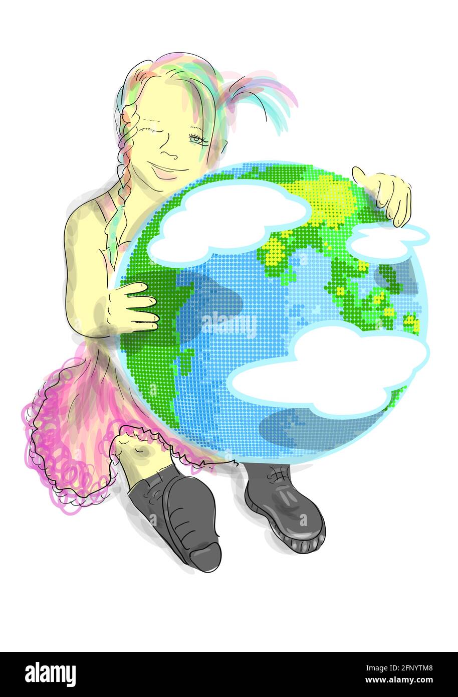 Planet for children concept. Girl with Earth Stock Vector