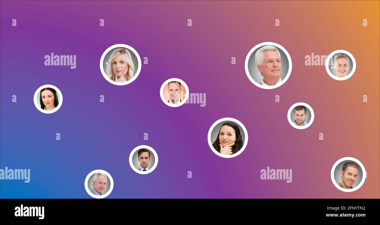 Network of profile icons against pink and blue gradient background Stock Photo