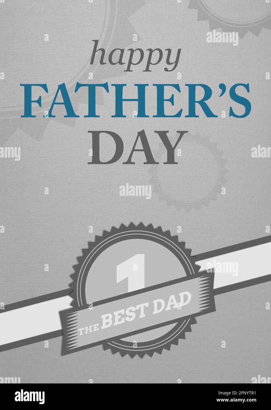 Composition of happy father's day text and the best dad badge on grey background Stock Photo