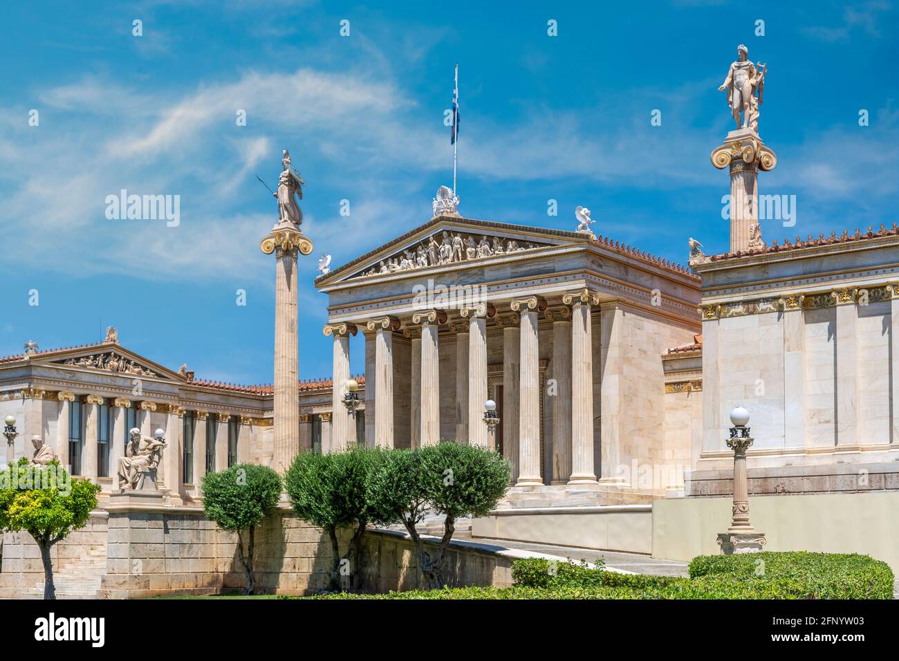 Athens, Attica, Greece National Academy of Athens neo classical building with the pediment on the theme of the birth of goddess Athena. Stock Photo