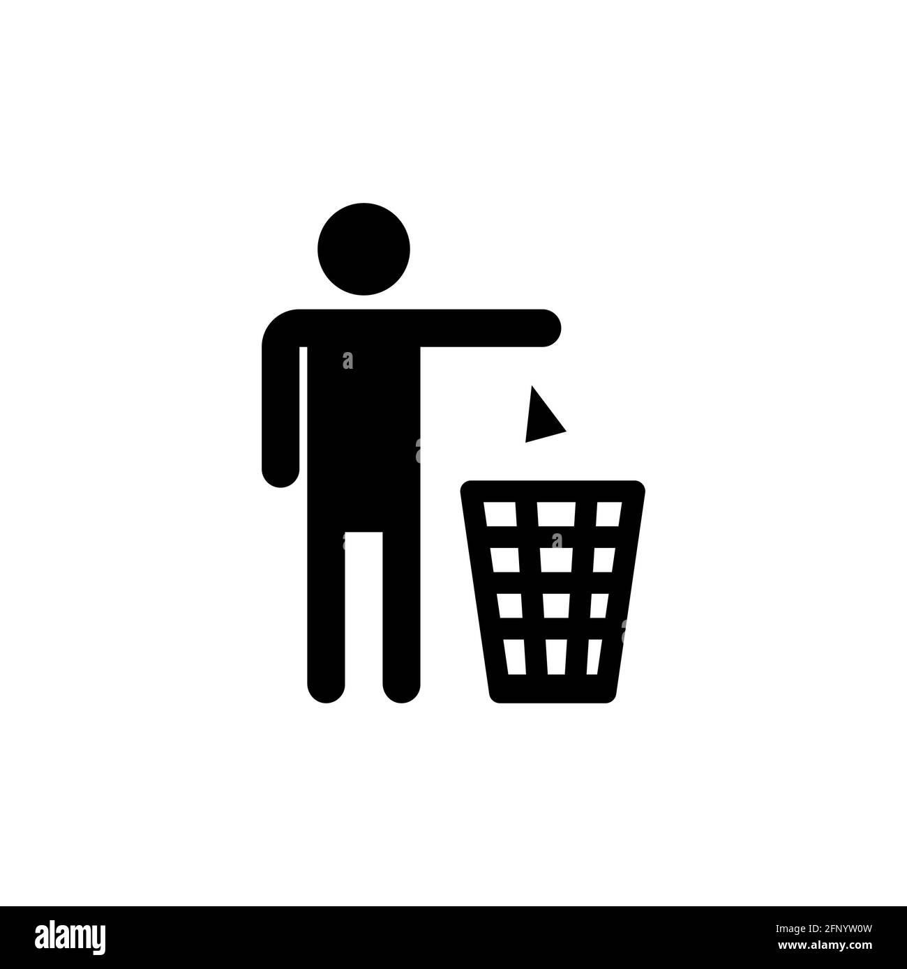 Silhouette of a man, throwing garbage in a bin, isolated on white background. Stock Photo