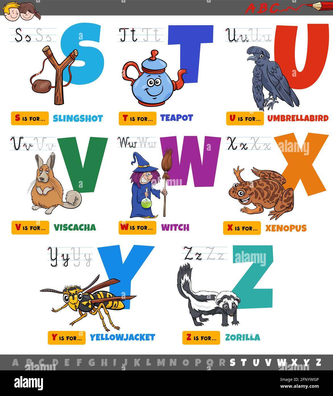 Cartoon illustration of capital letters alphabet educational set for  reading and writing practice for elementary age children from S to Z Stock  Vector Image & Art - Alamy