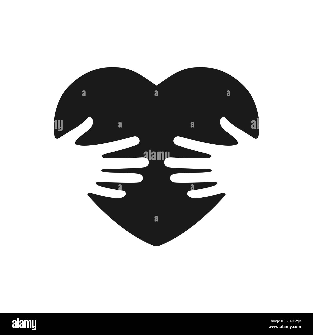 Hands hugging heart vector illustration. Embracing concept. Voluntary symbol black silhouette. Stock Vector
