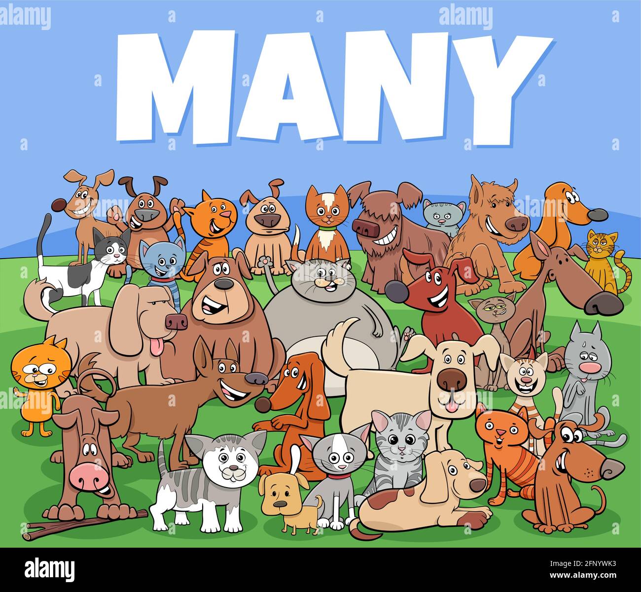 Cartoon illustration of many cats and dogs animal characters group Stock Vector